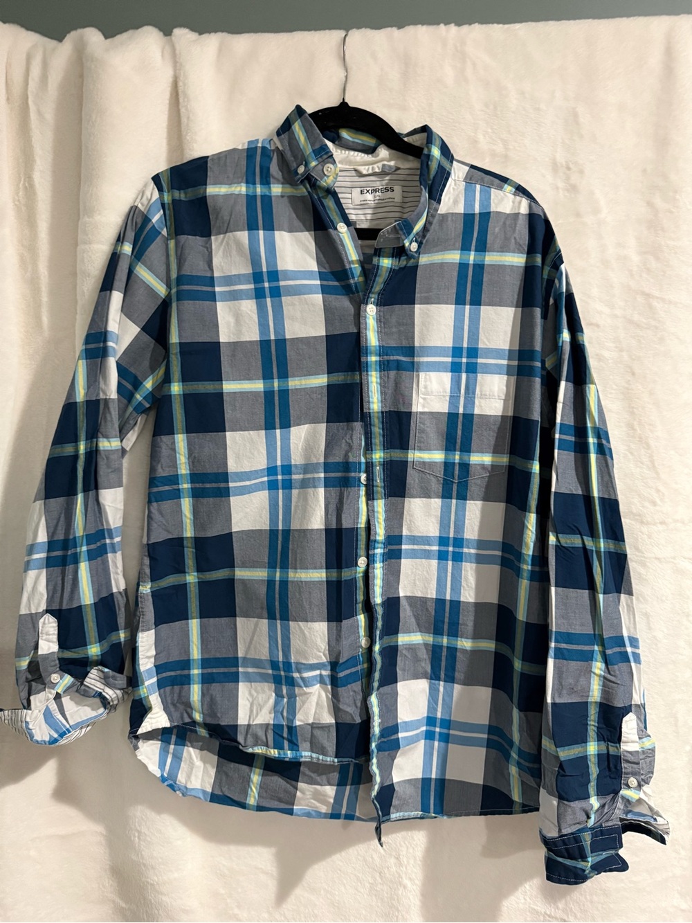 Express Men’s Navy, Light Blue & White Plaid Button-Down Shirt
